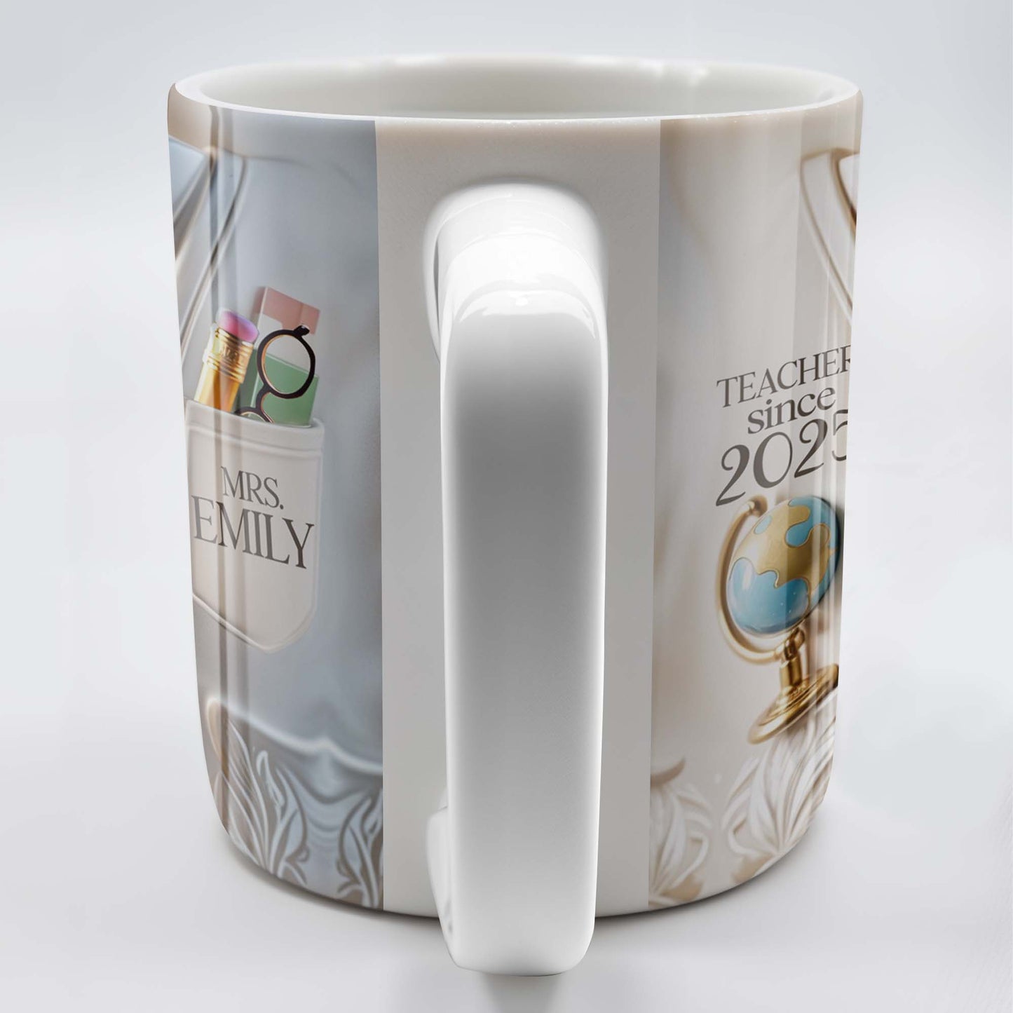 Teacher Since 2025 Featuring Tie, Globe, and Pocket - Personalized Custom Coffee Mug - GRAD269_MG