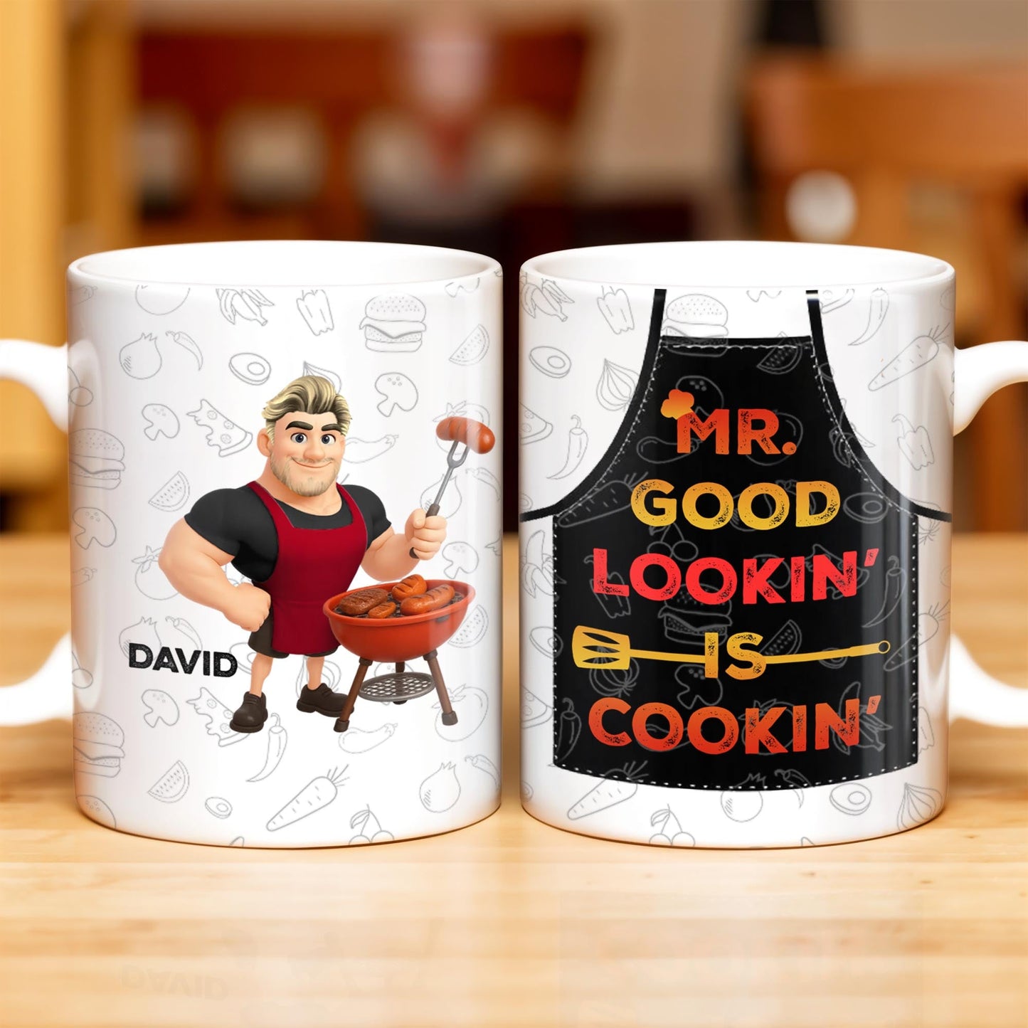 Mr. Good Lookin' Is Cookin' Apron And BBQ Grill Design - Personalized Custom Coffee Mug - GRILL004_MG