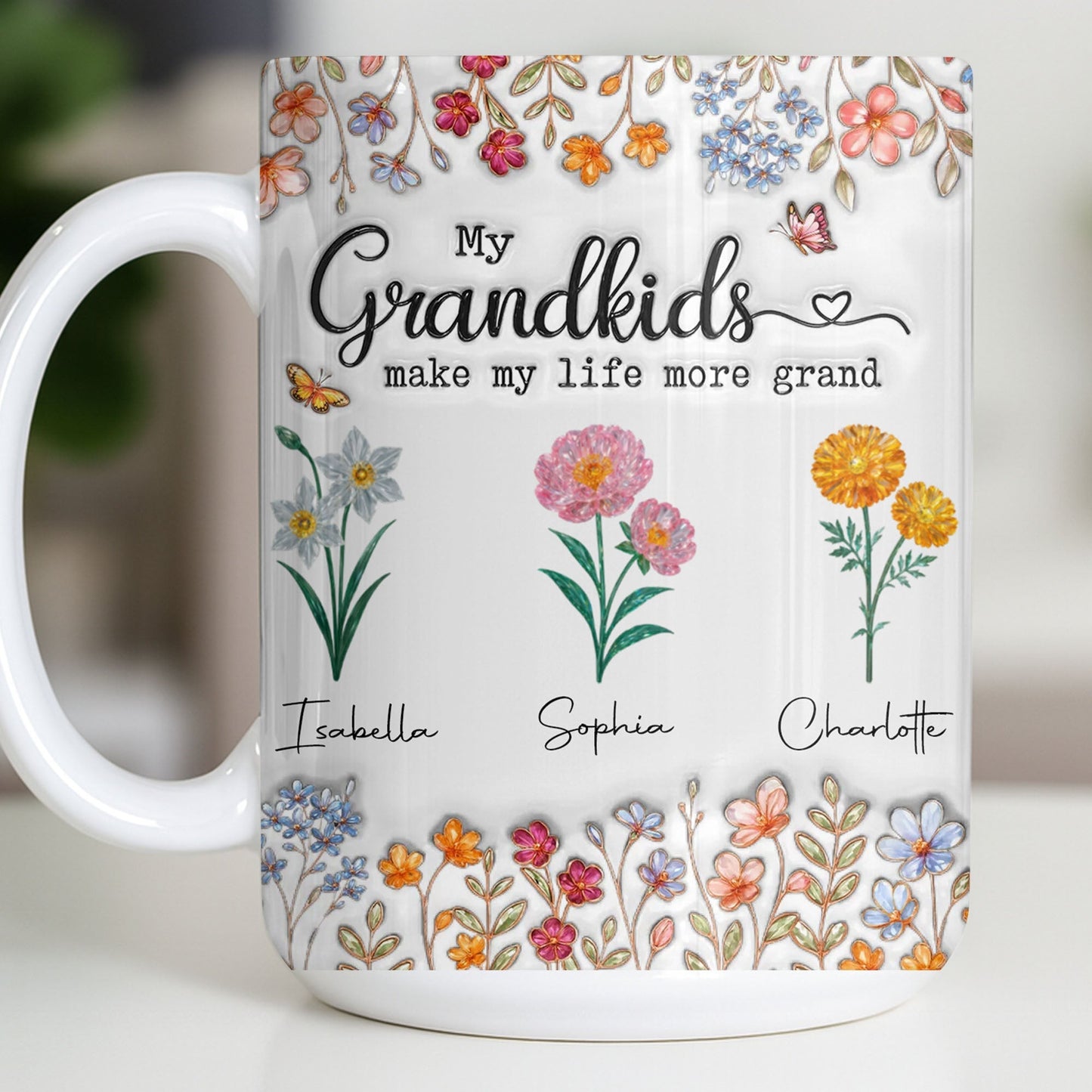 My Grandkids Make My Life More Grand With Flowers And Butterflies - Personalized Custom Coffee Mug - GRK115_MG