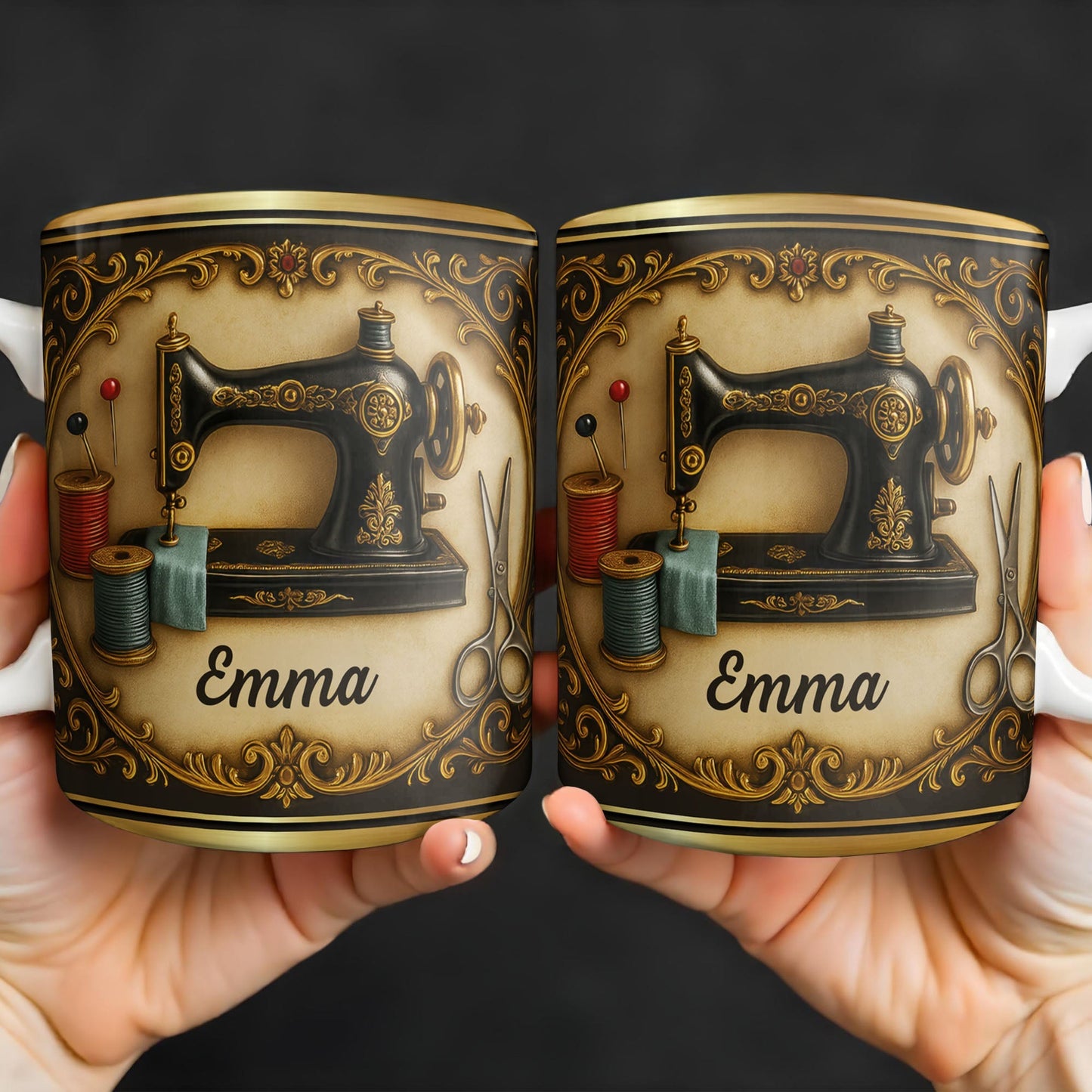 Classic Sewing Machine Design With Elegant Ornaments - Personalized Custom Coffee Mug - HOB020_MG