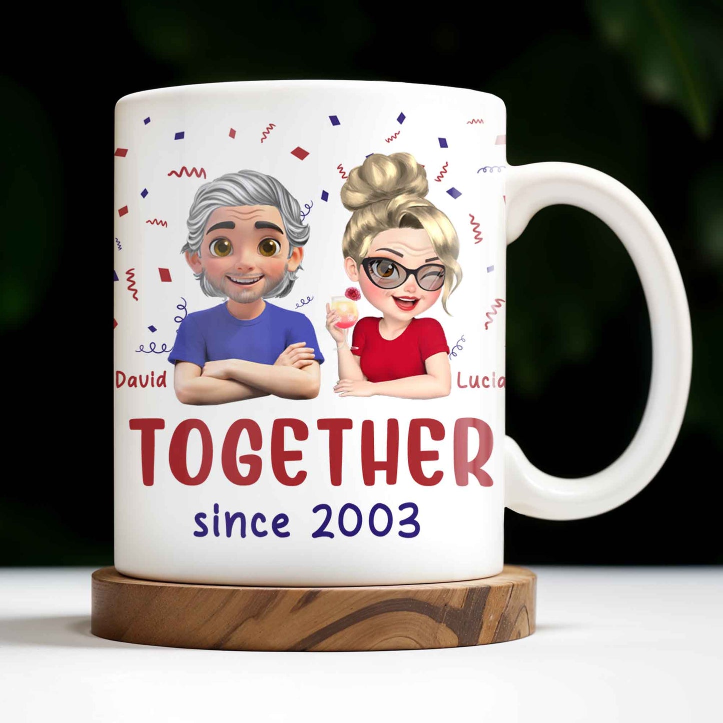 Together Since 2003, Cartoon Couple and Confetti - Personalized Custom Coffee Mug - HSB035_MG