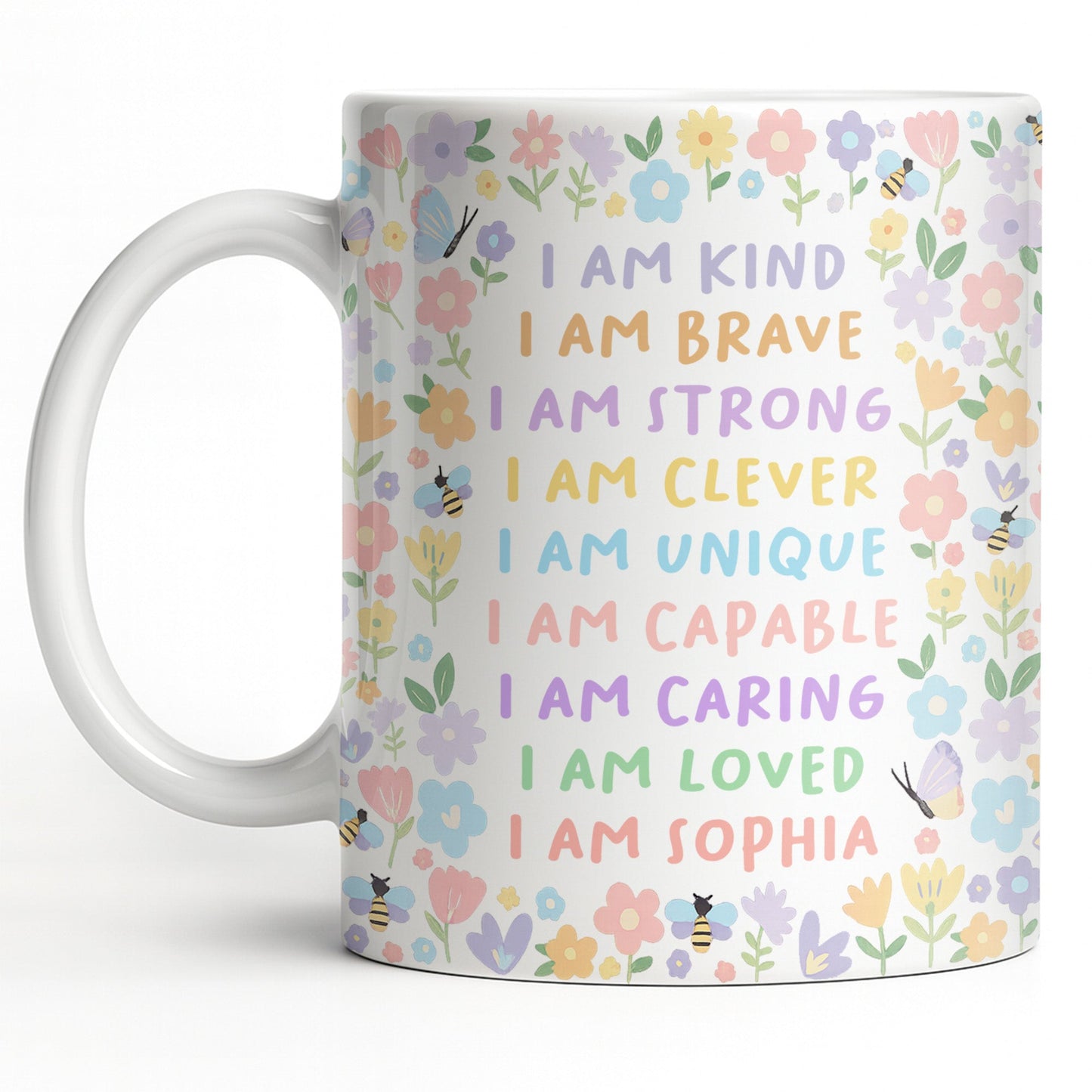 I Am Kind, I Am Brave, Encouraging Floral Design - Personalized Custom Coffee Mug - KID235_MG