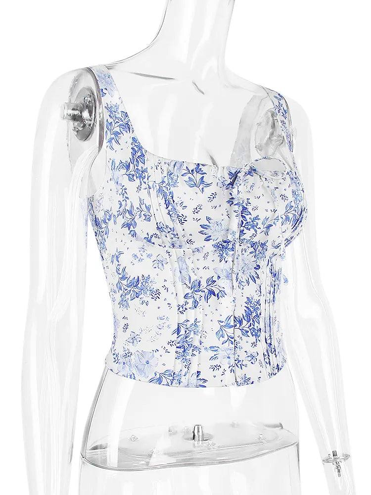 Blue Floral Print Hook Corset Top