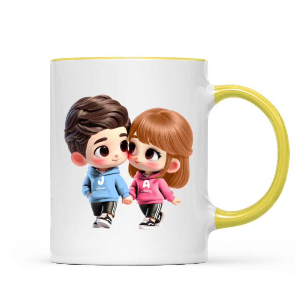 3D Effect Cute Cartoon Couple Holding Hands Personalized Mug, Anniversary & Gift for him, Gift for her