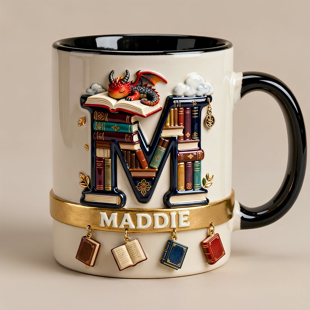 Vintage Book Dragon Alphabet Initial Letter - Personalized Accent Mug - Gift For Book Lovers NL122