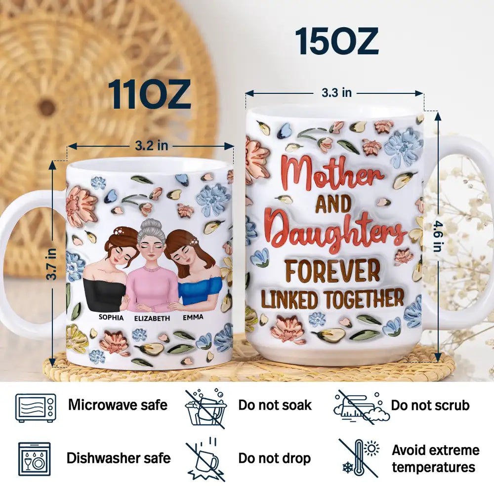 Mother & Daughter Forever Linked Together - 3D Inflated Effect Printed Mug, Personalized White Edge-to-Edge Mug