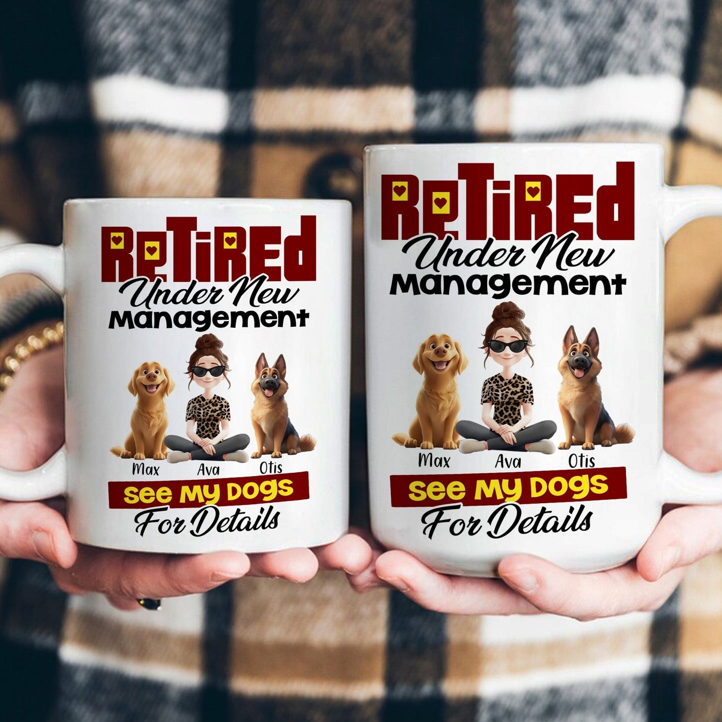 Custom Dog Lover Mug - Retirement-Themed Personalized Cup Featuring Pets and Owner, Funny Gift for Dog Moms & Dads