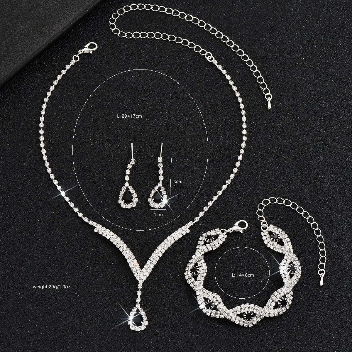Black Crystal Water Drop Bridal Jewelry Set 3 Piece
