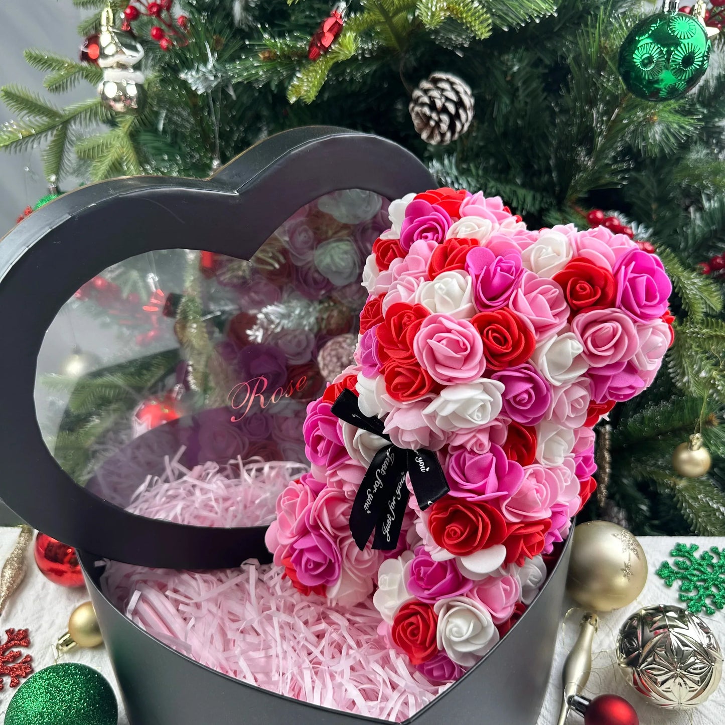Artificial Rose Teddy Bear 25cm Romantic Floral Gift with Gift Box