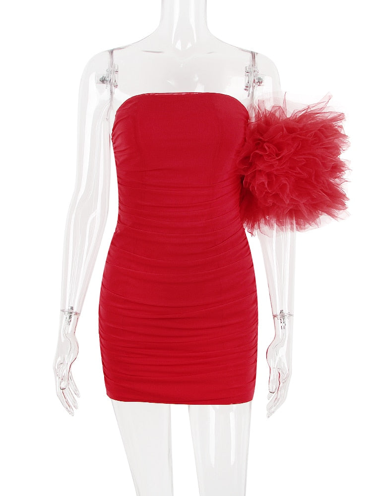 Red Mesh Bodycon Tube Mini Dress With Tulle Puff One-shoulder Sleeve