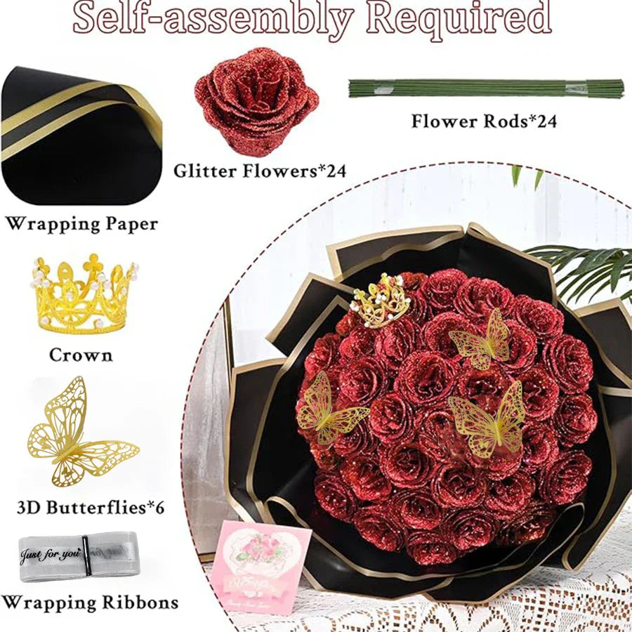 24-Piece Artificial Roses with Golden Butterflies - DIY Home and Wedding Decoration
