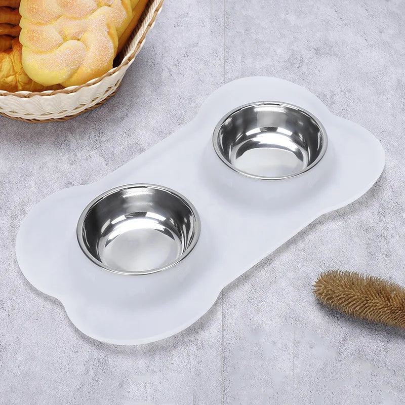 Antislip Double Dog Bowl with Silicone Mat Stainless Steel