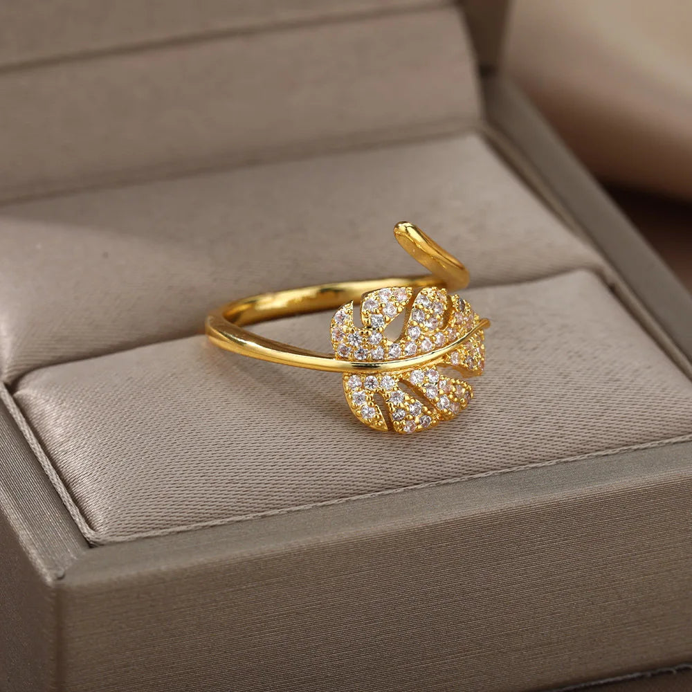 Gold Palm Leaf Adjustable Ring with Zircon Accents