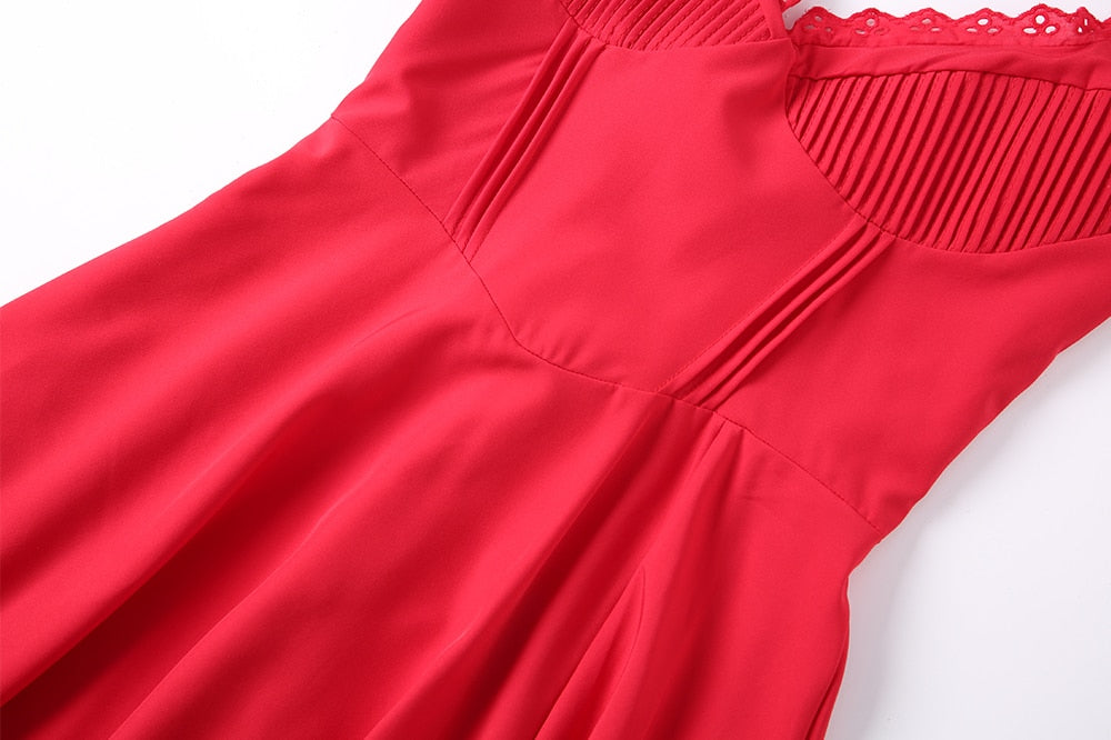 V-neck Doily Trim Frill Midi Dress