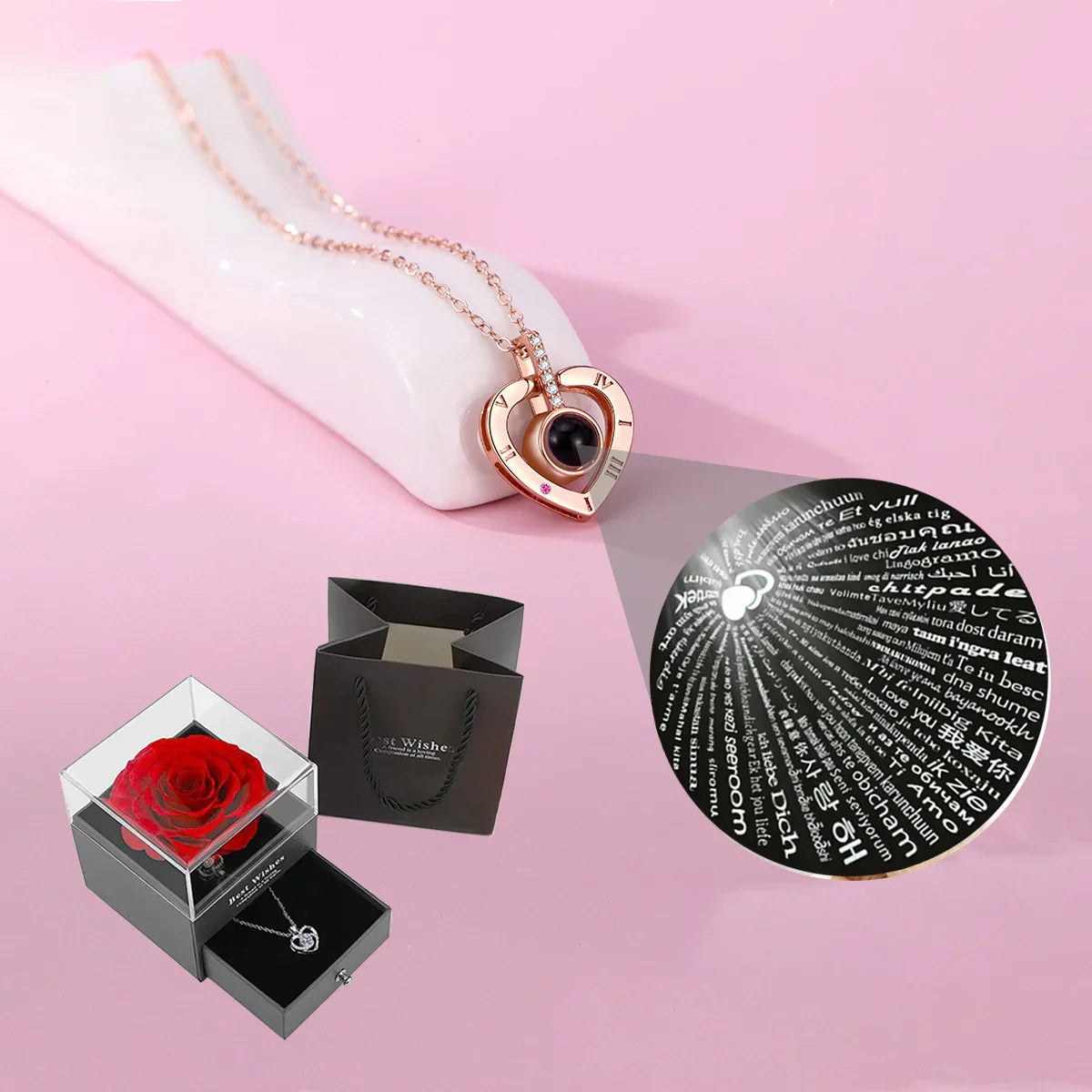 Heart Projection Necklace with I Love You in 100 Languages
