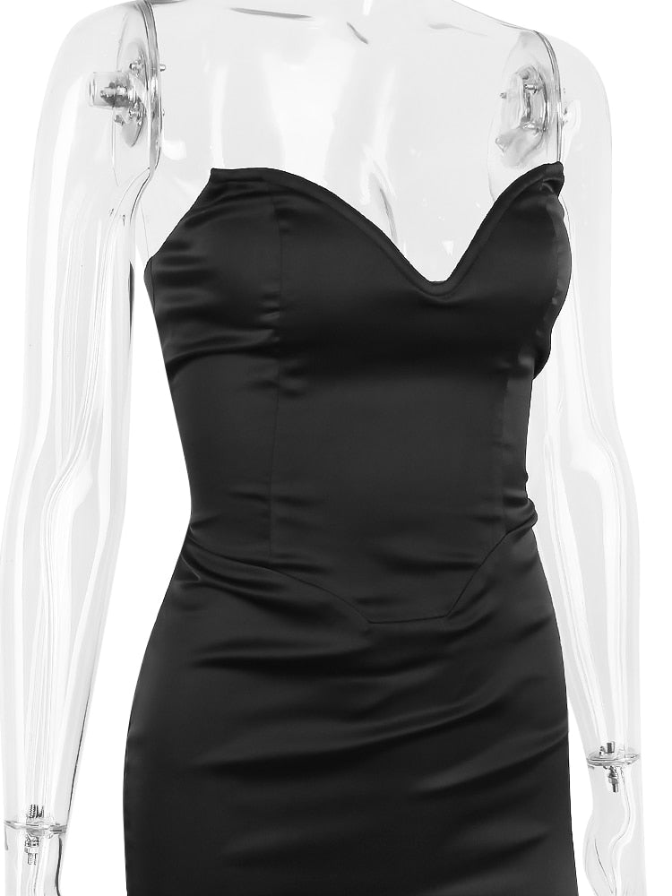 Black Satin Sweetheart Bodycon Midi Dress