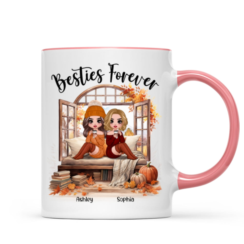 Besties Sisters Sitting Fall Season Window Personalized Mug
