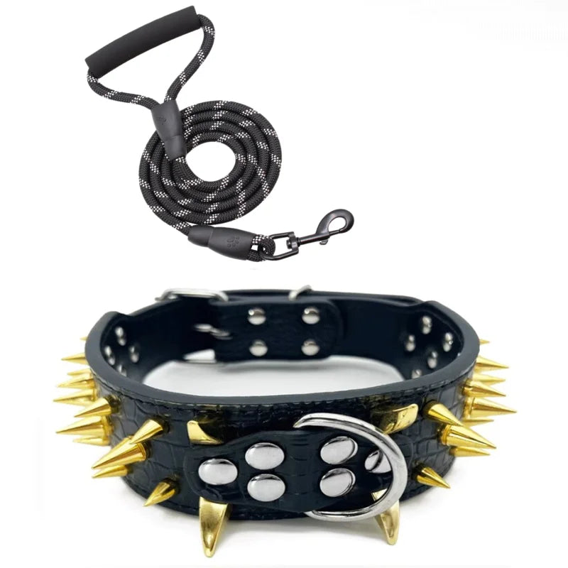 Spiked Studded Dog Collar with Traction Rope Adjustable Fit