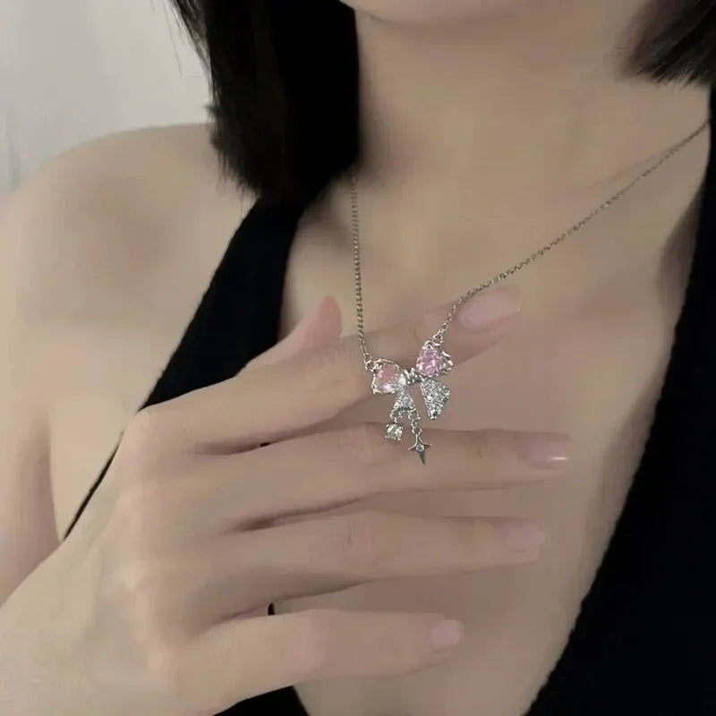 Pink Crystal Bow Pendant Necklace for Women