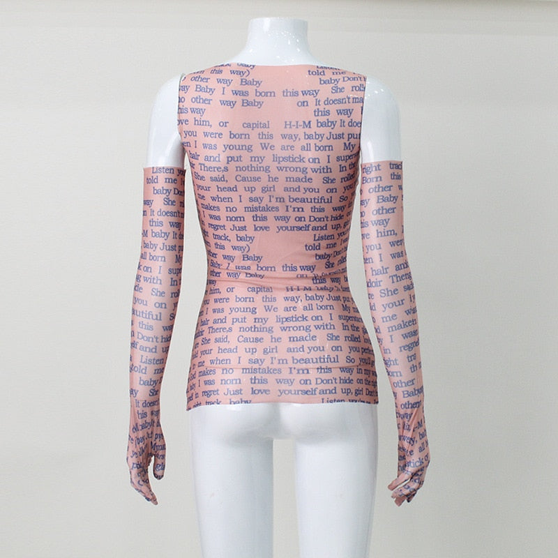 Mesh Letter Print Sleeveless Top With Gloves