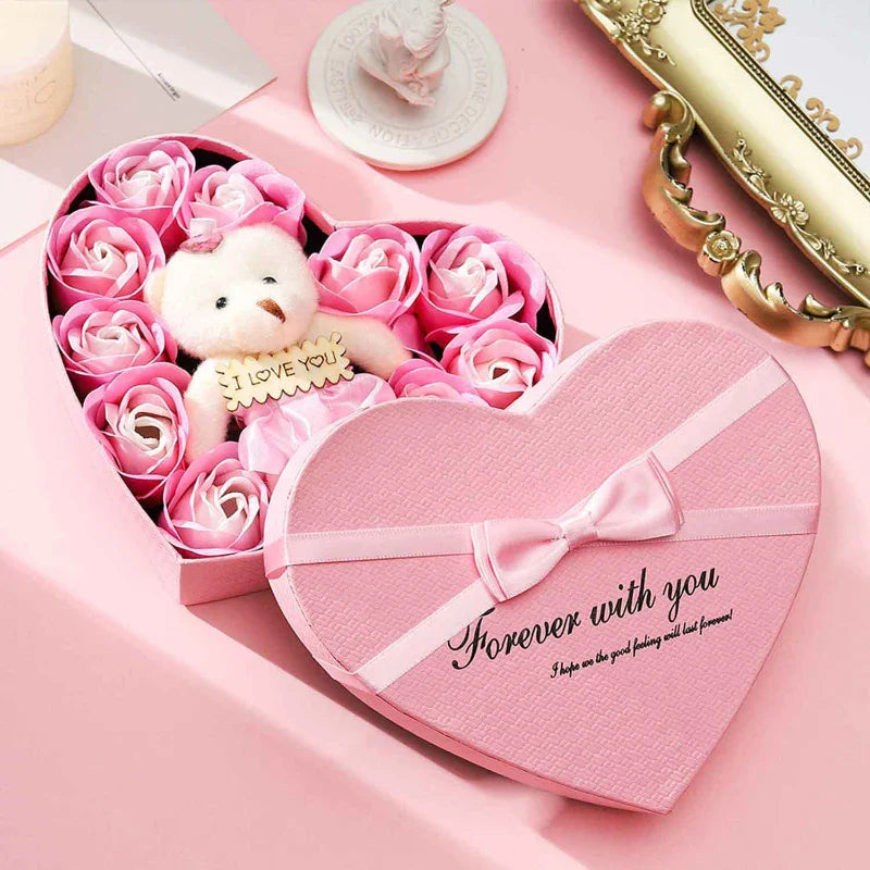 Romantic Bear Soap Bouquet with Roses Gift Box for Valentine's Day and Special Occasions