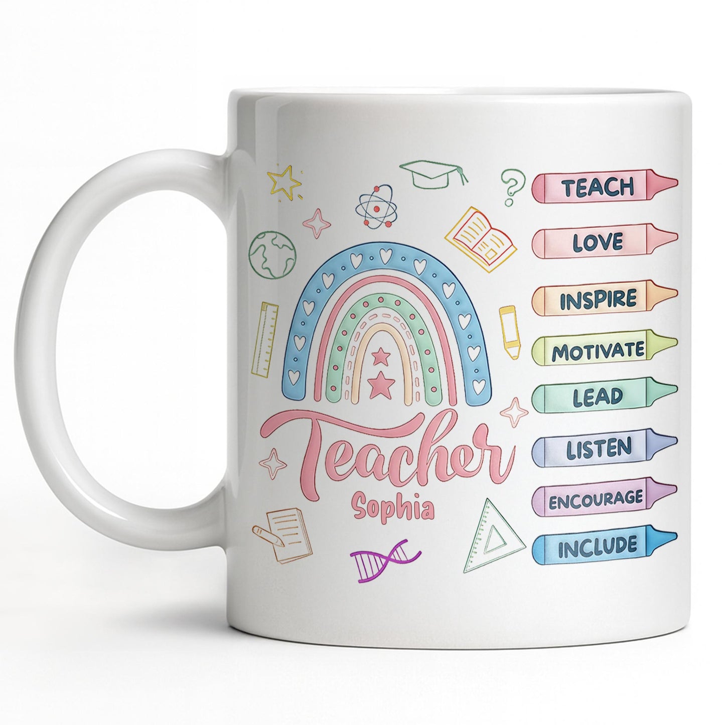 Teach Love Inspire Mug With Rainbow And Educational Icons - Personalized Custom Coffee Mug - TEACH064_MG