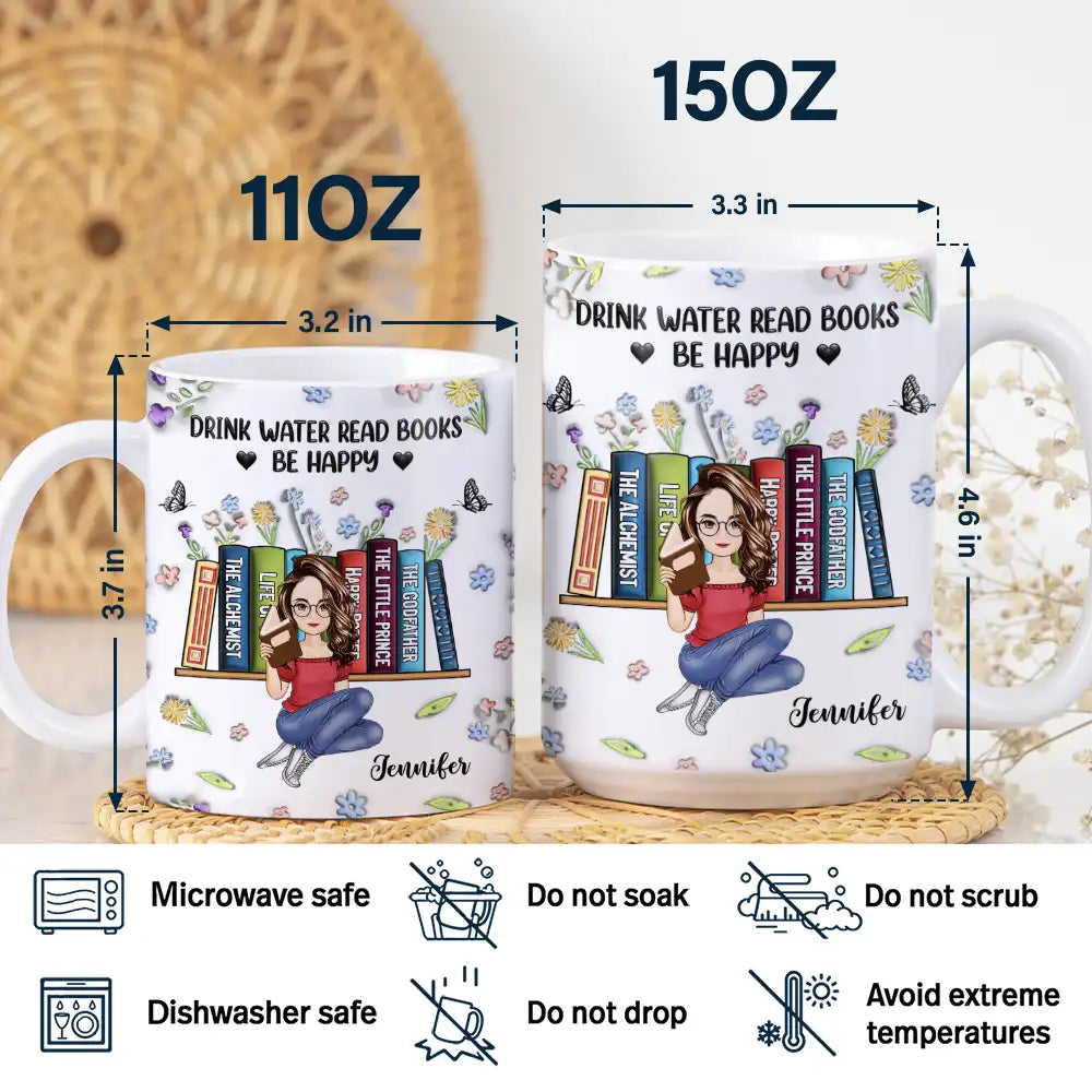 Reading Drink Water Read Books - 3D Inflated Effect Printed Mug, Personalized White Edge-to-Edge Mug