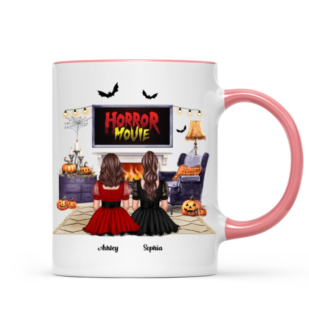 Halloween Besties Sisters Watching Horror Movie Personalized Mug