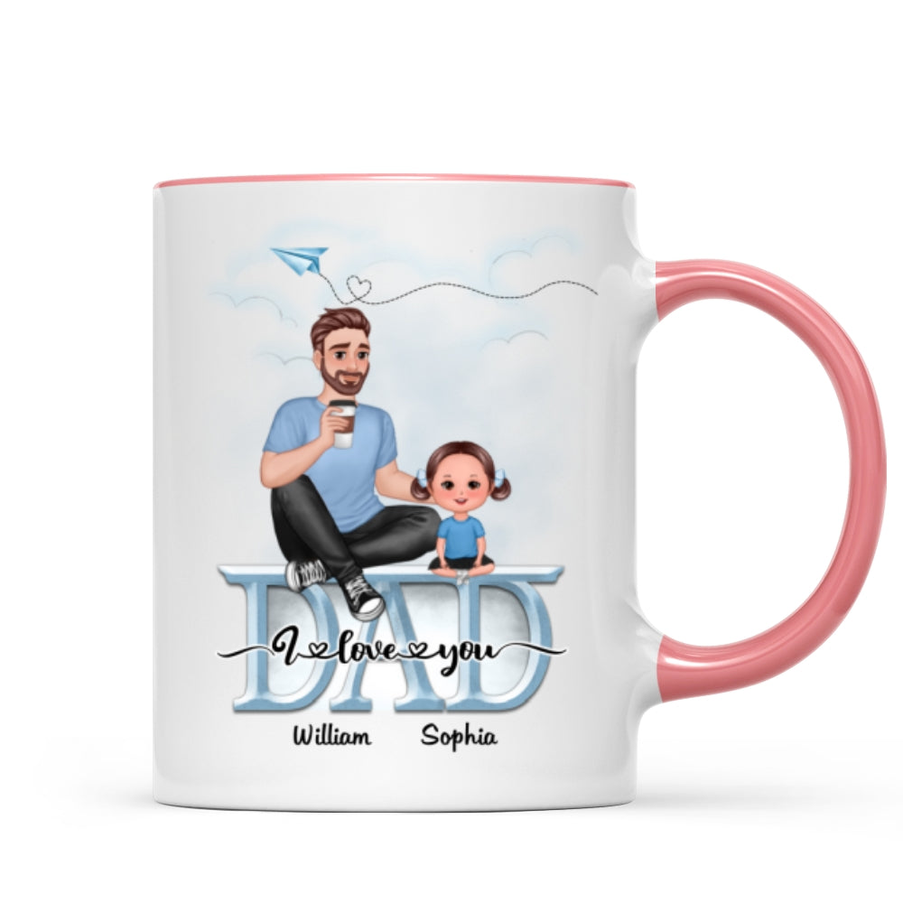 Dad We Love You Cartoon Dad & Doll Kids Sitting On Word Personalized Mug