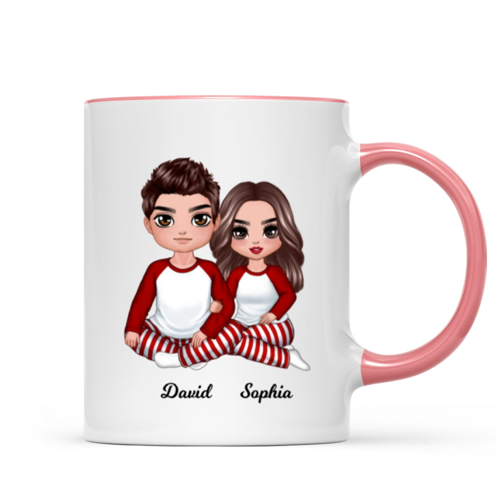 Christmas Doll Couple Sitting Hugging Personalized Mug