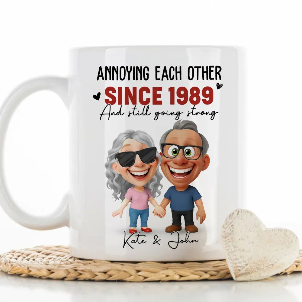 Personalized Ceramic Mug With Funny Couple Cartoon Annoying Each Other Since Custom Gift For Husband Or Wife