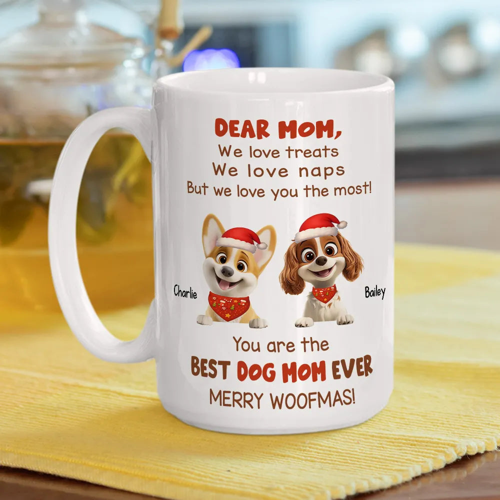 Personalized Mug for Pet Parent - Christmas Cartoon Pups, Custom Quote, Cozy Holiday Cheer, a unique gift for Dog Mom or Dad