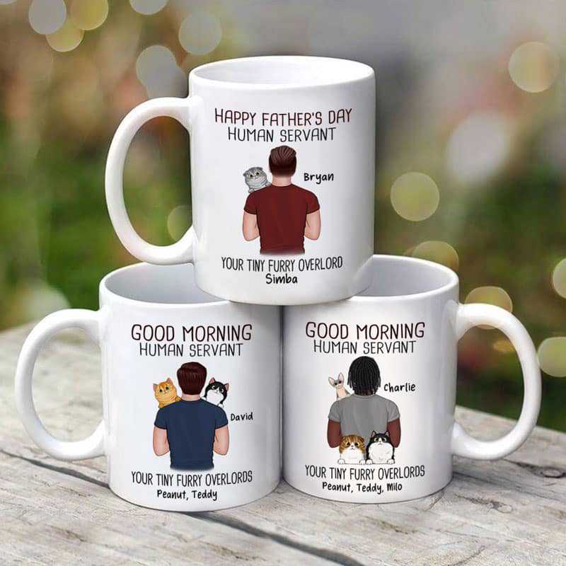 Man Carrying Cats Good Morning Happy Father's Day Human Servant Gift For Cat Dad Personalized Mug