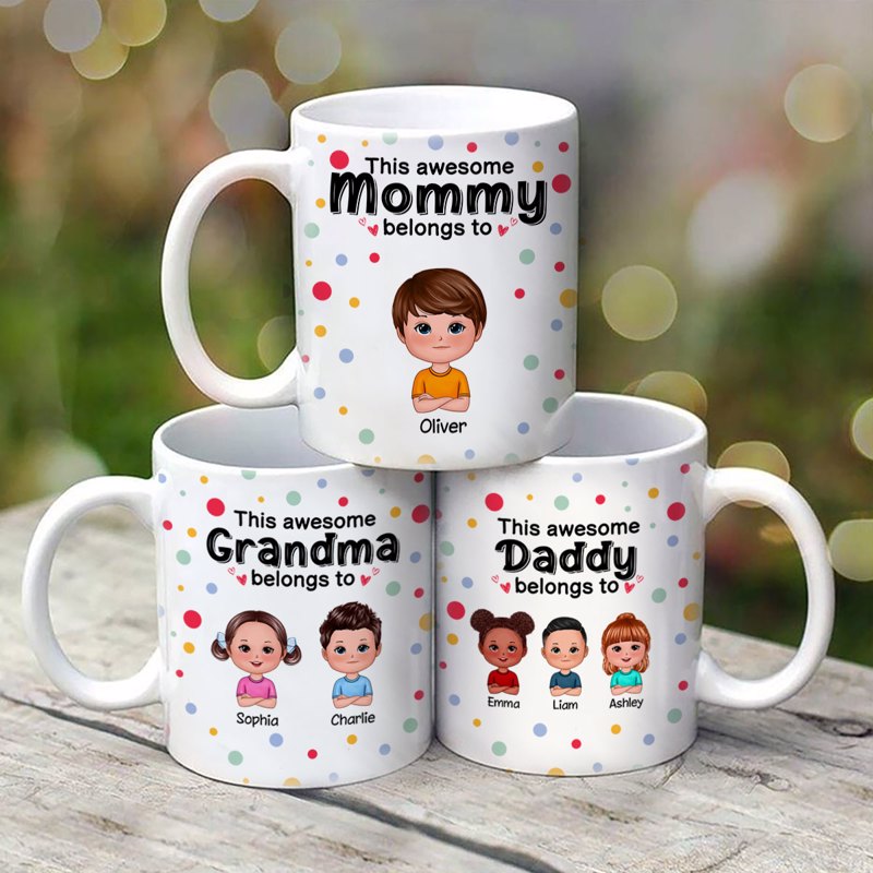 This Mom Grandma Grandpa Dad Belongs To Cute Doll Kids Colorful Dot Personalized Mug