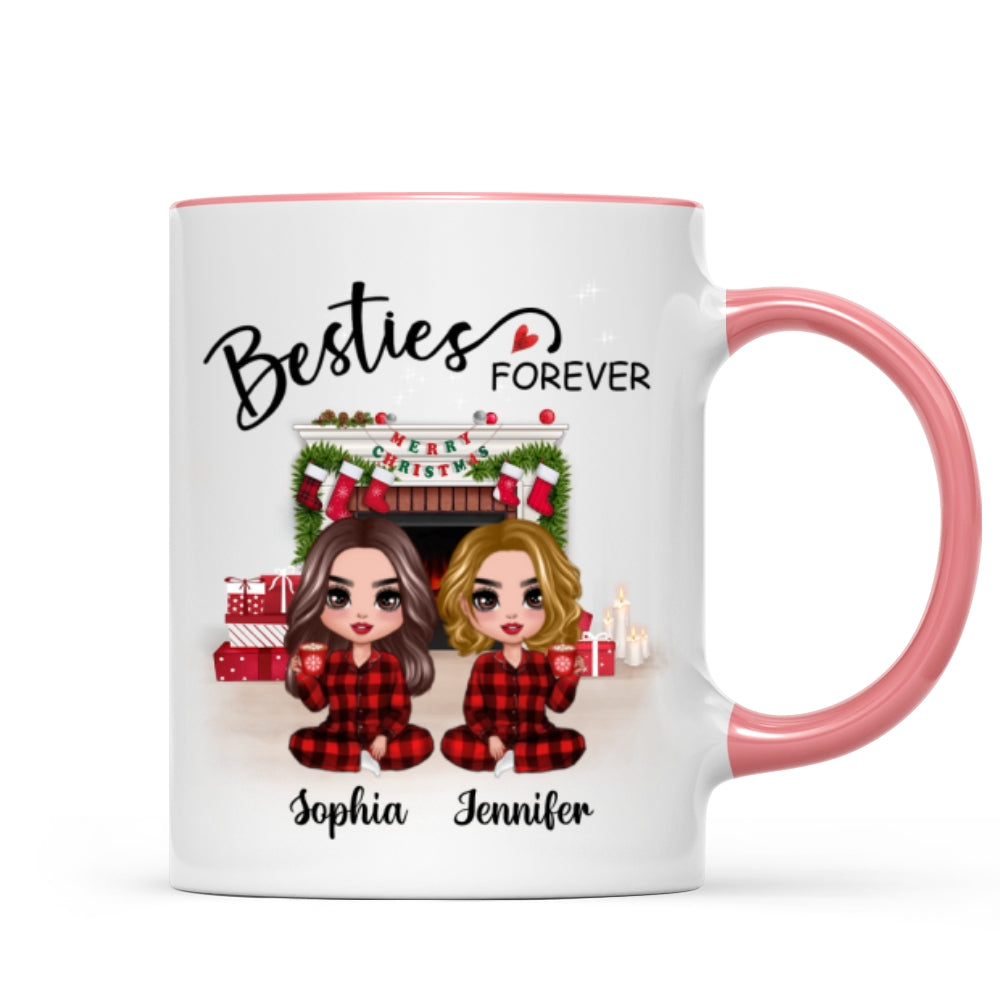 Christmas Pajamas Doll Besties Sisters Sitting At Fireplace Personalized Mug