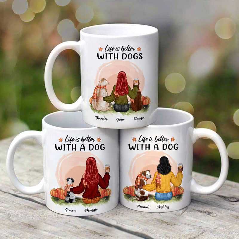 Girl And Dog Sitting In Pumpkin Patch Fall Season Personalized Mug