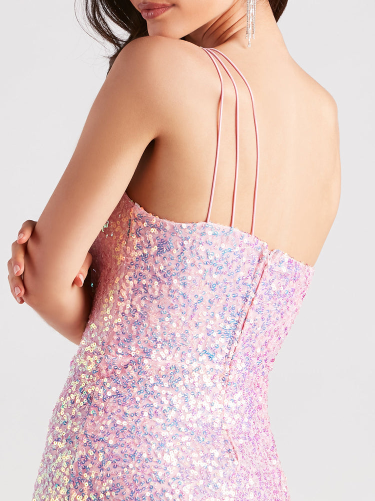 One-Shoulder Sequin High Side Slit A-line Formal Dress