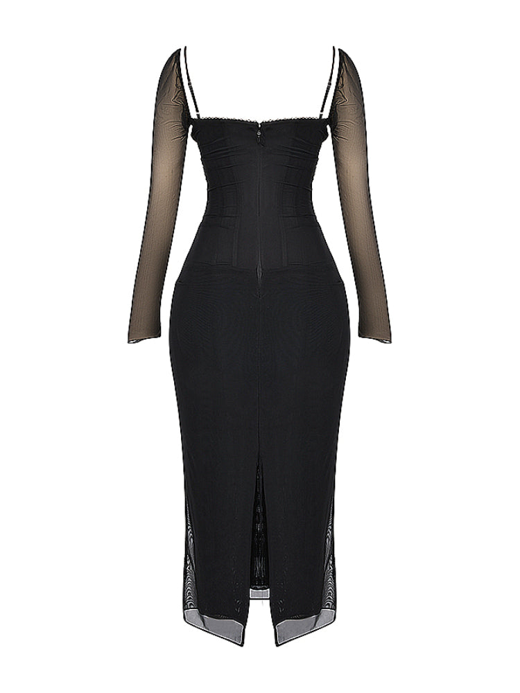 Black Mesh Long Sleeves Lace Trim Maxi Dress