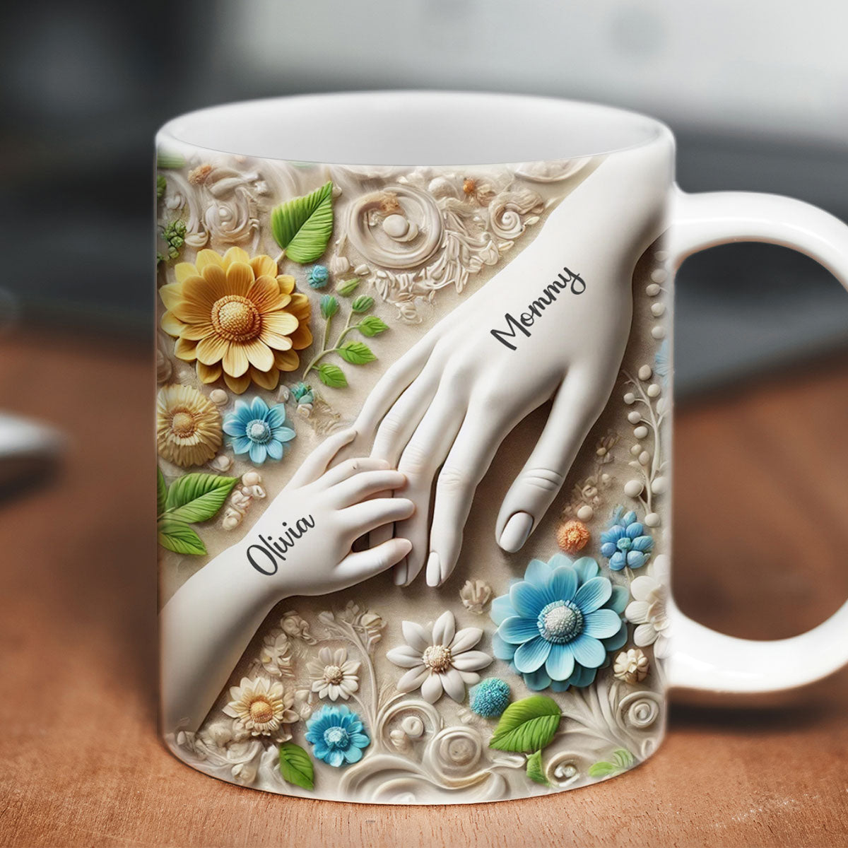 Daughter Son Holding Mother Hand Personalized 3D Effect Mug, Gift for Mom, Grandma