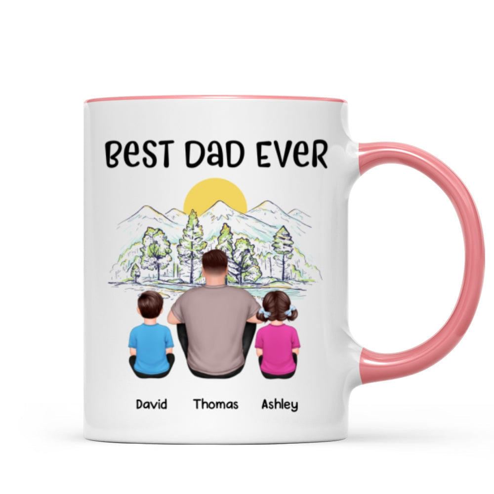 Best Dad Ever Mountain Sketch Back View Man Kids Dog Cat Personalized Mug