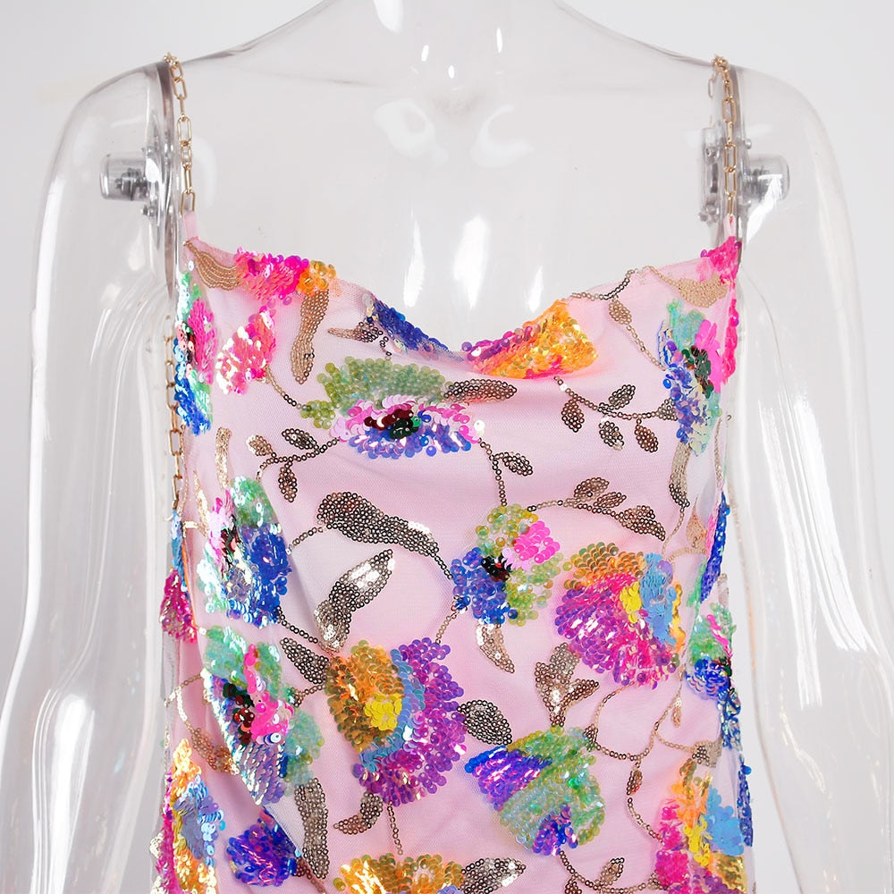 Sequined Chain Strap Mini Dress