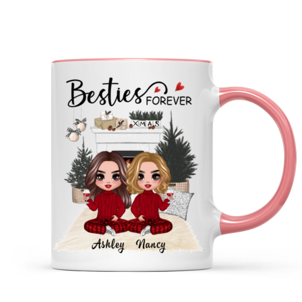 Christmas Doll Besties At Fireplace Personalized Mug