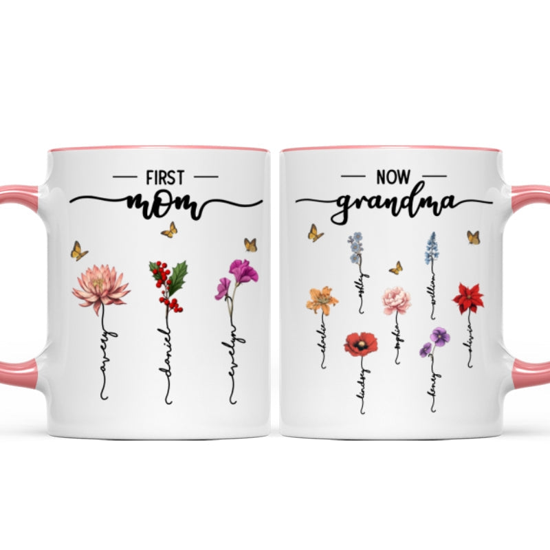 First Mom Now Grandma Birth Flower Personalized Mug