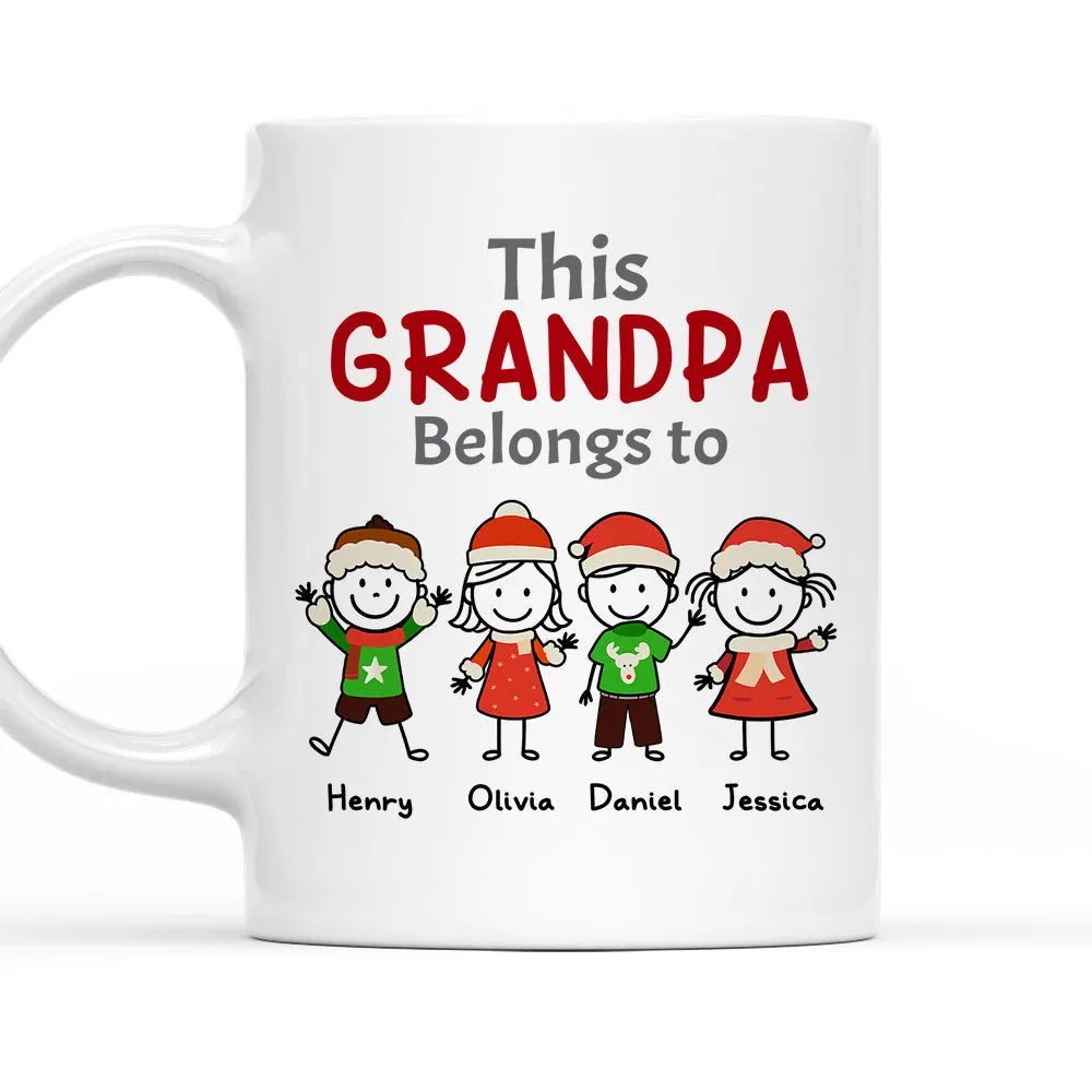 Custom This Grandpa Belongs To Mug Holiday Stick-Figure Art, Unique Personalized Gift for Grandpa
