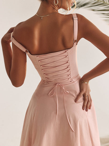 High Waist Back Lace Up Side Slit Midi Dress