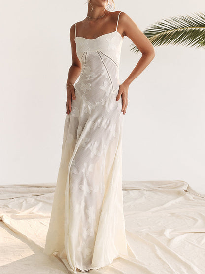 Elegant Thin Straps Floral Lace Maxi Dress