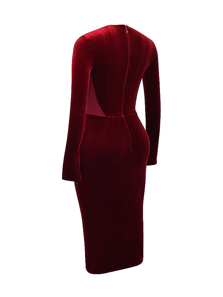 Wine Velvet Corset Lace Trim Long Sleeve Midi Dress