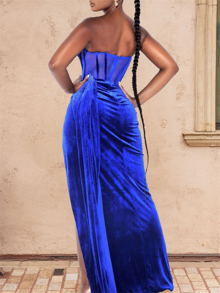 Velvet Evening Ball Gown Side Slit Prom Dress