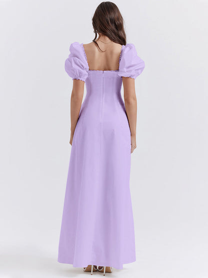 Lavender Square Neckline Puff Sleeves Maxi Dress