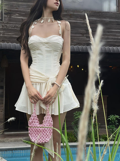 Halter Bow Front Tie A-line Mini Dress